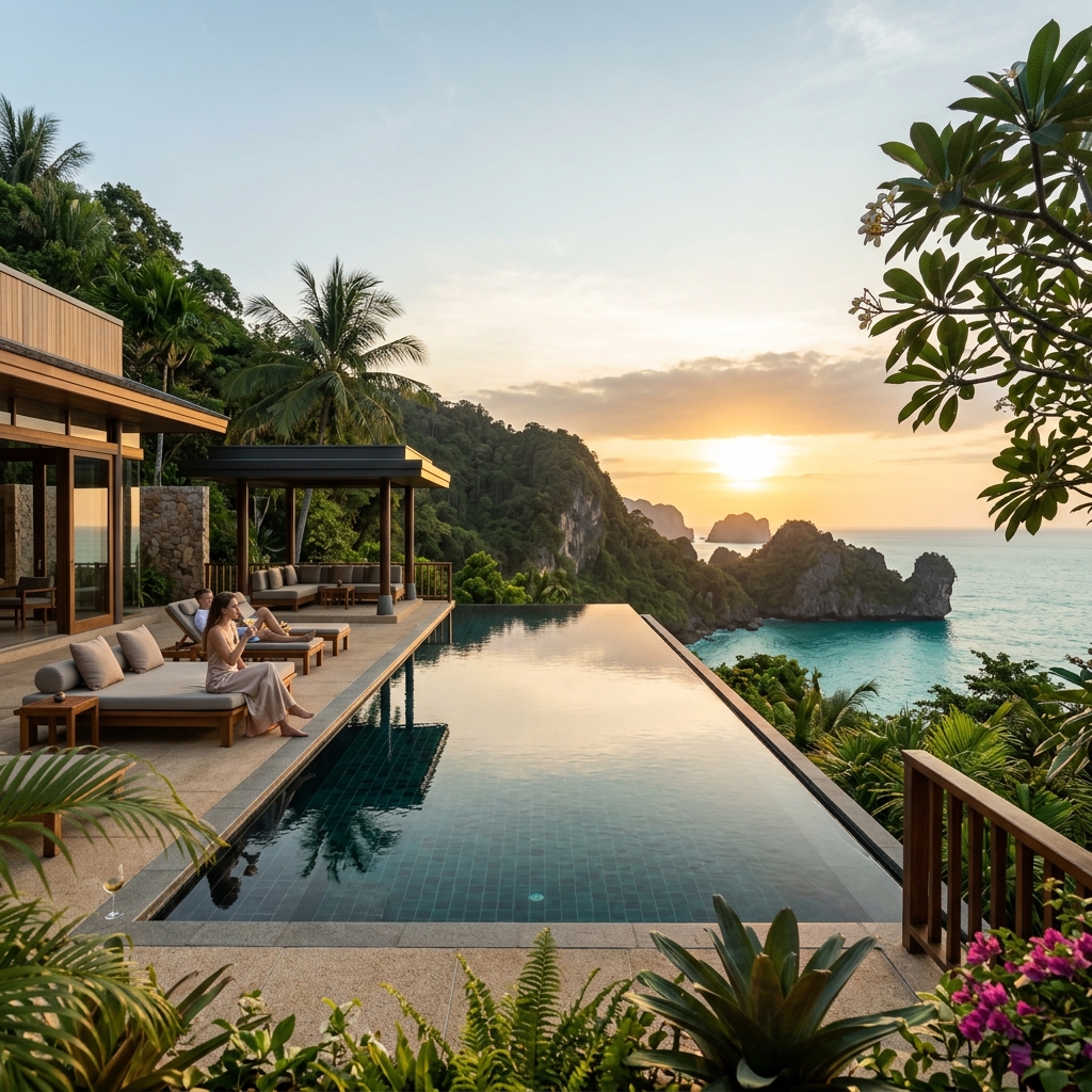 Luxury infinity pool overlooking tropical ocean
